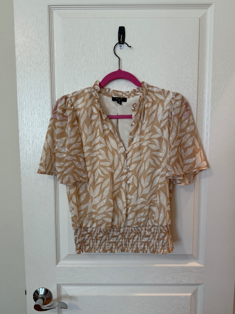 Haver London Sheer Blouse M Tan Cream Botanical Leaf Ruffle Collar Puff Sleeve